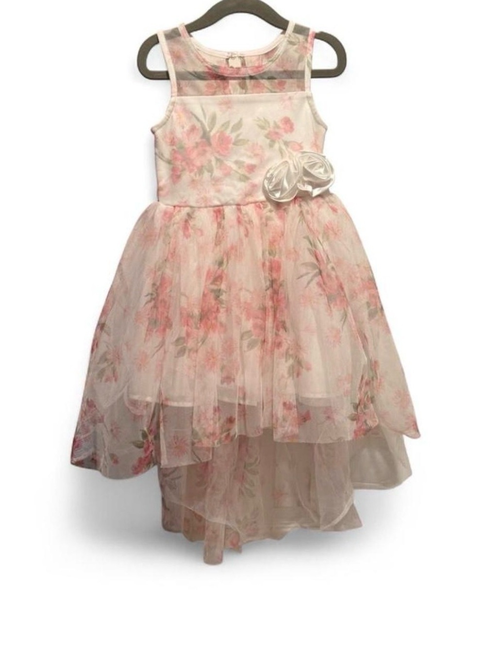 lilt Pink Floral Layered High-Low Party Dress with Rosette